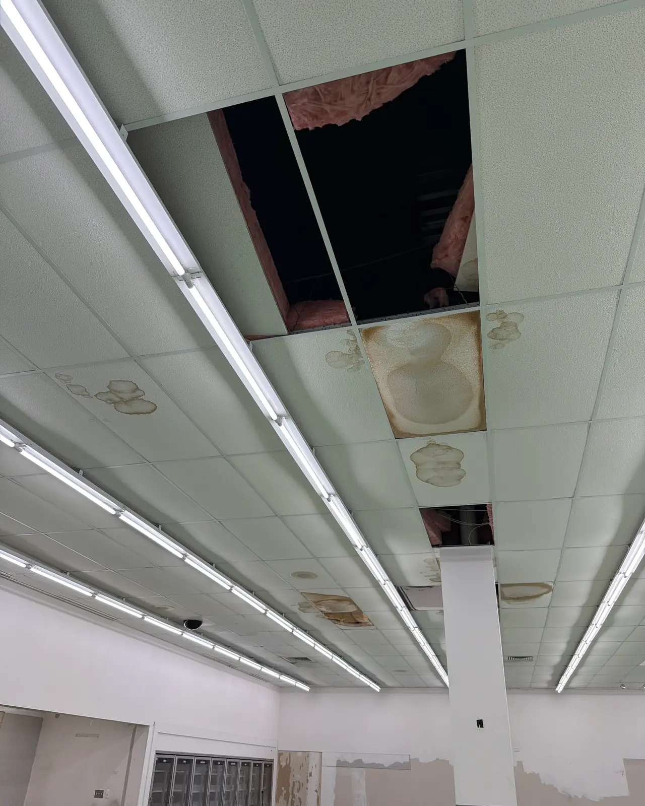 Commercial drop ceiling with missing and water-stained tiles above an empty retail floor, before